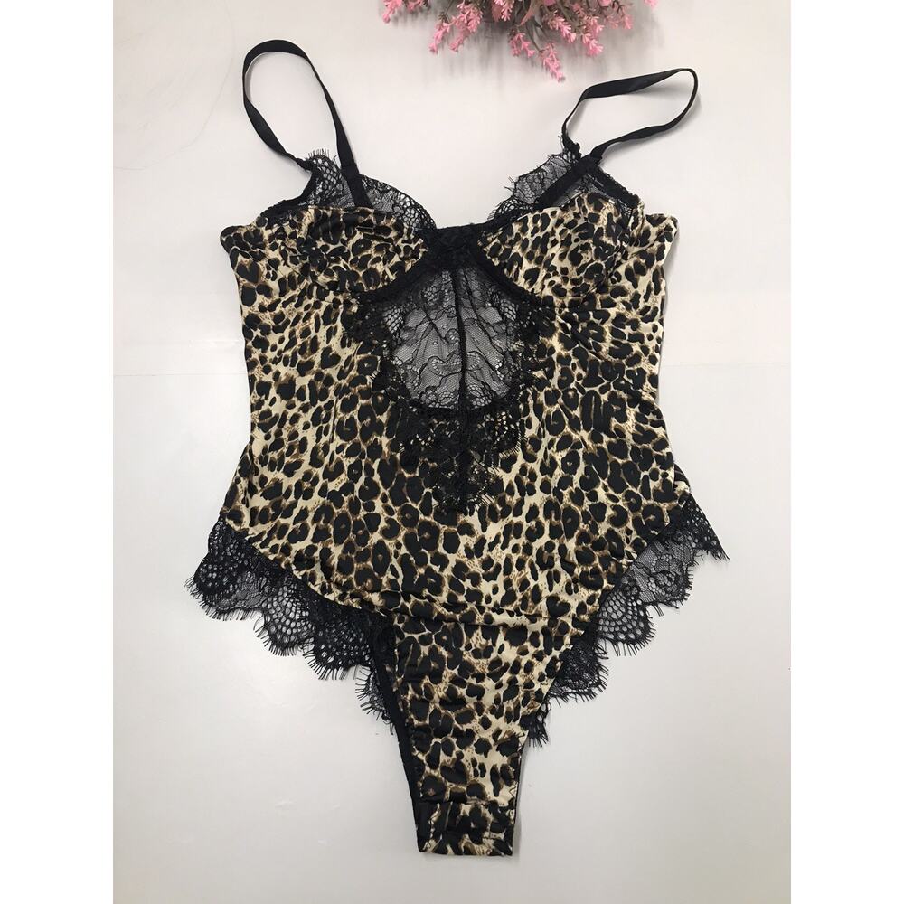 Women's Eyelash Trim Underwrie Snap Crotch One Piece Lace Lingerie Bodysuit Tops